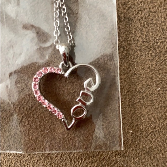 Silver w/Pink Rhinestone Heart with Love Necklace - Picture 1 of 1